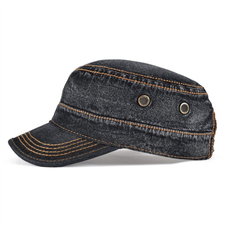 VOBOOM Washed Cotton Military Cadet Army Caps Unique Design Vintage Flat Top Hat (Denim Black) - Image 2